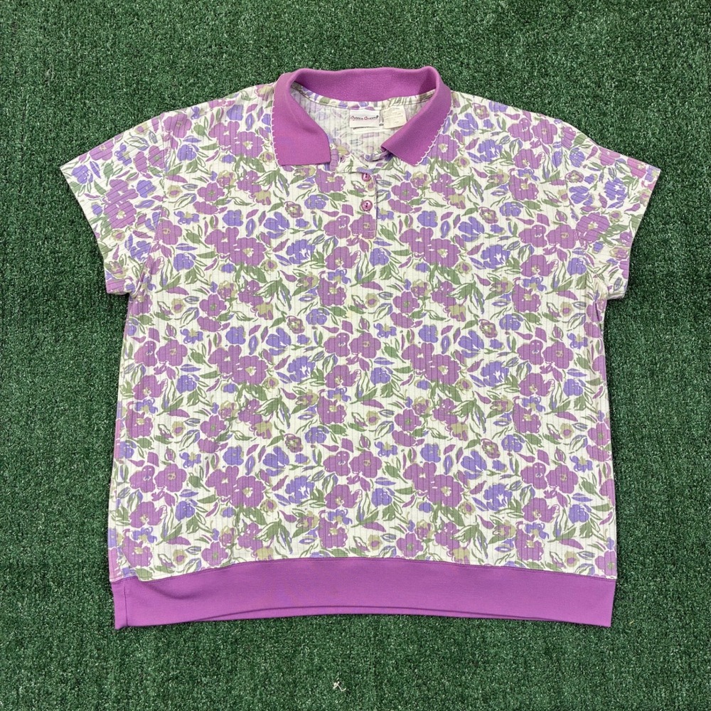 Vintage‎ 90s Bobbie Brooks Floral Polo Shirt Purple Green